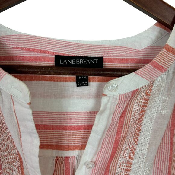 Lane Bryant Pink Orange Striped Linen Blend Button Down Shirt Women's 14/16 - Picture 2 of 4